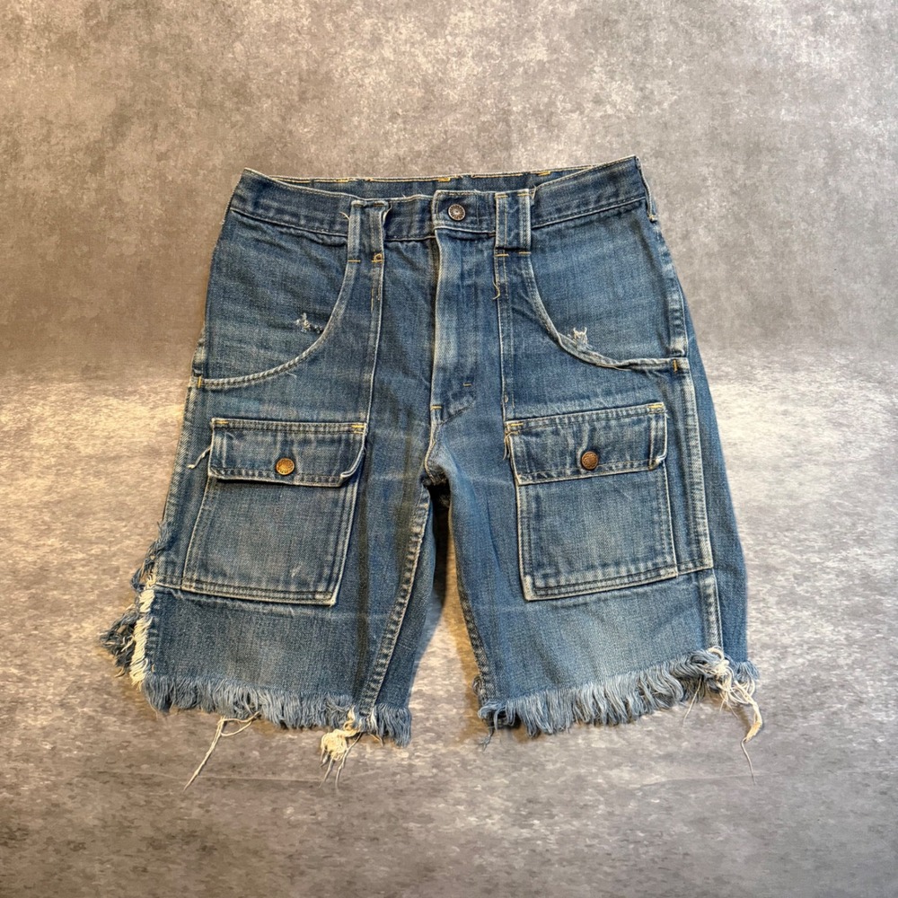 VTG Montgomery Ward Cargo Jean Shorts 28 Frayed Scovill Zipper Utility Jorts 70s